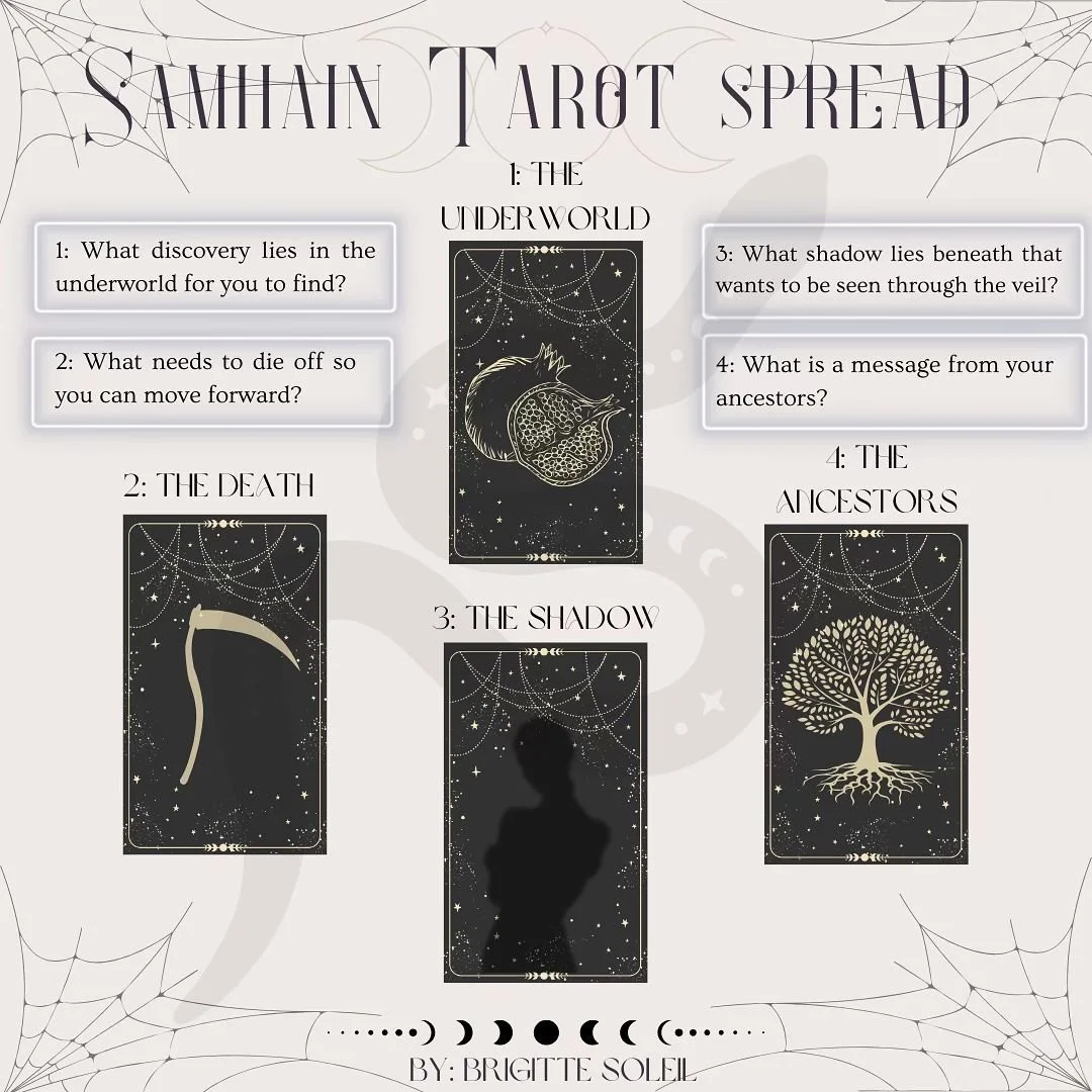 Your Samhain Spread from last night&rsquo;s Momento Mori Masquerade at @sincerelythecraft 🔮🌙

Also who doesn&rsquo;t love dressing up for Halloween!!?? 👻 

#tarot #tarotreading #tarotcards #tarotspread #tarotspreads #samhain #halloween #samhainrit