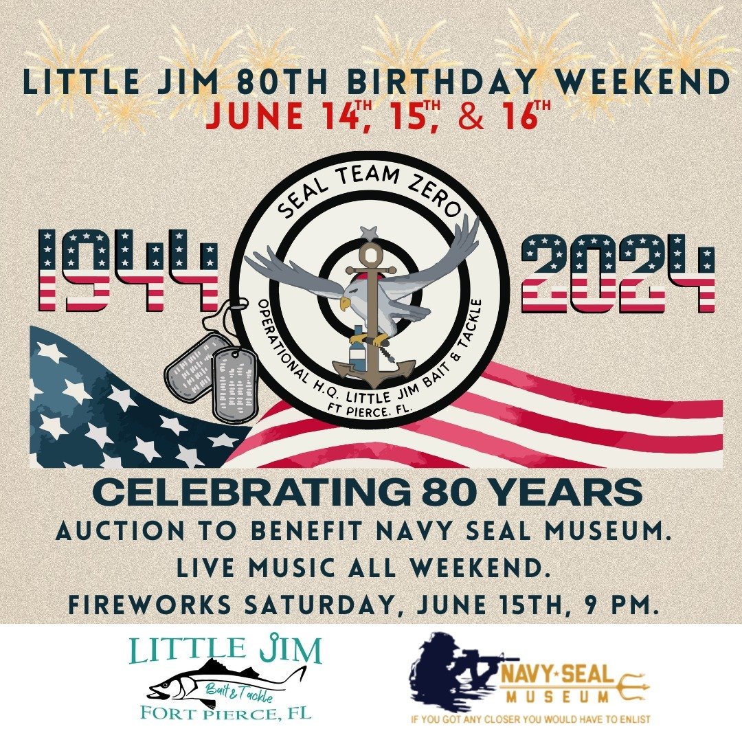 Mark your calendars because we're throwing an epic weekend celebration to honor 80 glorious years of Little Jim bait and tackle! Get ready for non-stop live tunes, a charity auction supporting the Navy Seal Museum, and a dazzling fireworks show on Sa