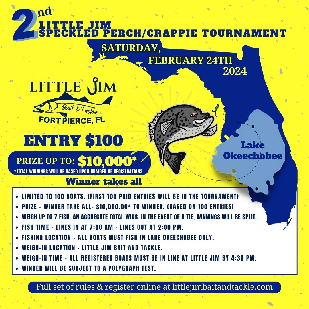 Get ready for the 2nd round of the Little Jim Speckled Perch/Crappie tournament! Only 100 boats can join the fun, so hurry and secure your spot by signing up before Friday, February 23rd. Swing by Little Jim in person or hop online to https://www.lit