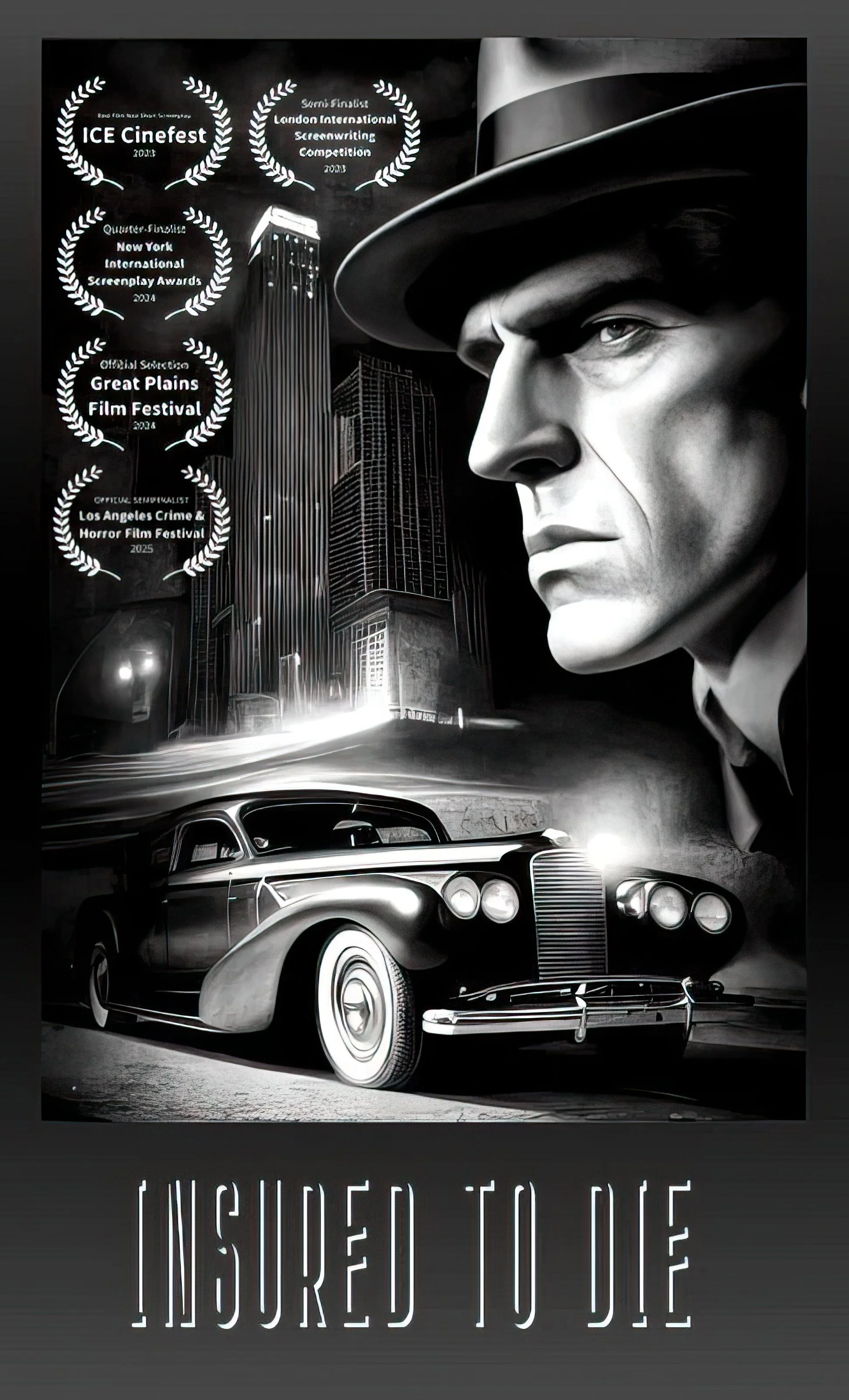   Insured To Die (2023)    Logline: While spying on his estranged wife to prove her infidelity, an insurance detective uncovers a plot to murder them for a newly-issued, one-million-dollar life policy.  Genre: Drama, Neo-Noir.  Best Film Noir Short S