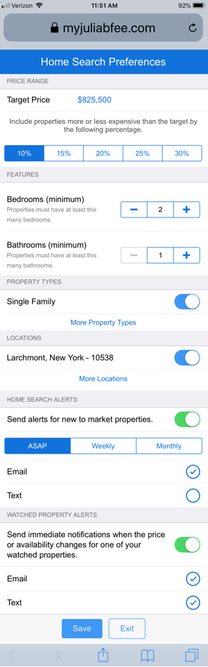 Any of the Home Search preferences for New-to-Market alerts can be adjusted by the agent by selecting Edit Lead after selecting the agent name.