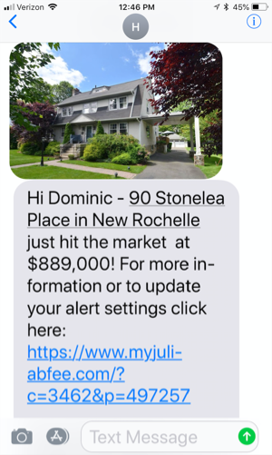 Example of property alert sent as a text message