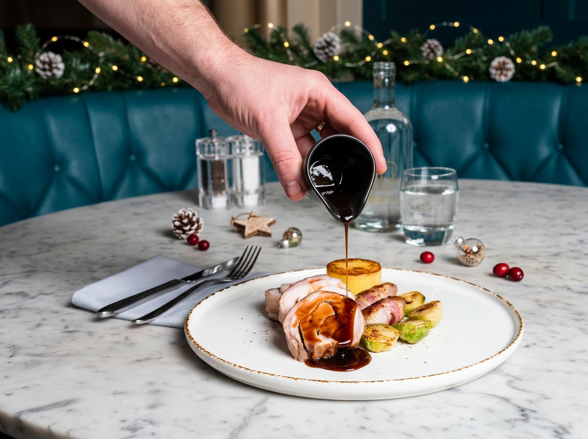 Gravy being poured over sliced roast pork with Brussels sprouts and fondant potato on a marble table with festive decorations