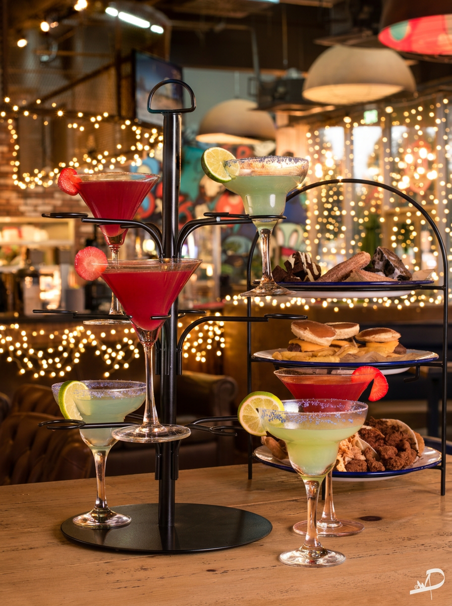 Strawberry cocktails and lime margaritas on a tiered stand beside a platter of sliders and desserts, with fairy lights behind