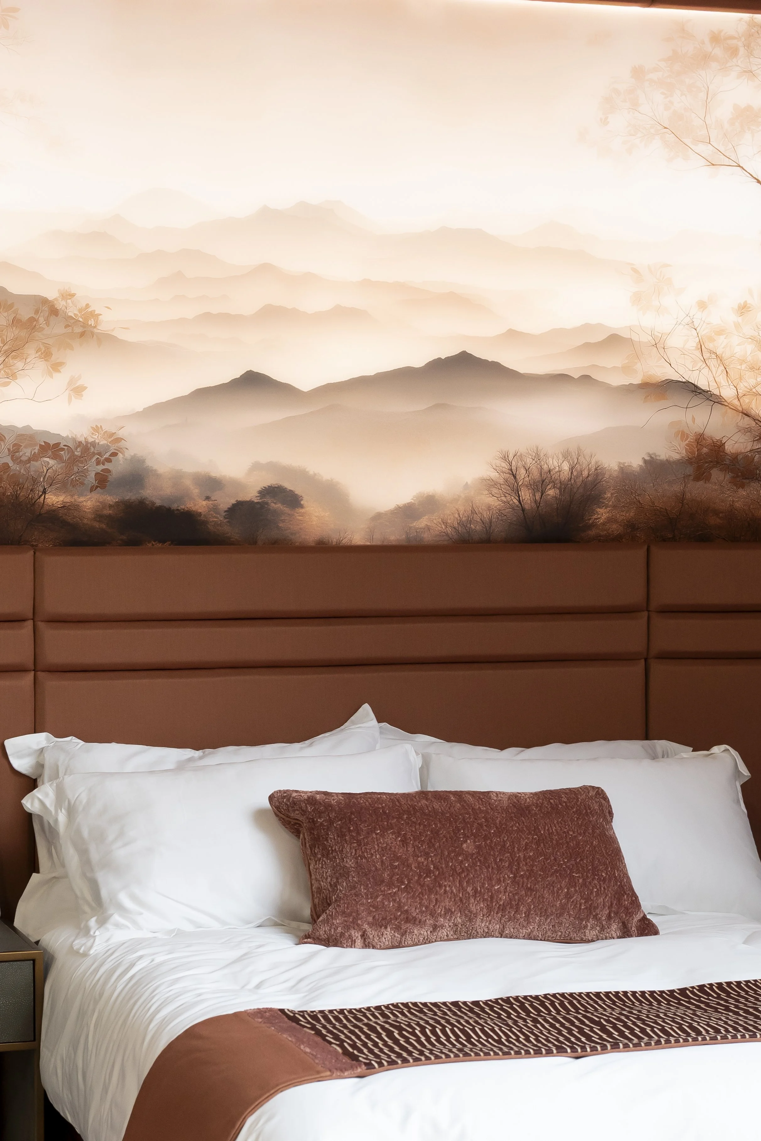 Mountain landscape artwork above a bed with a terracotta throw_BRITEtek