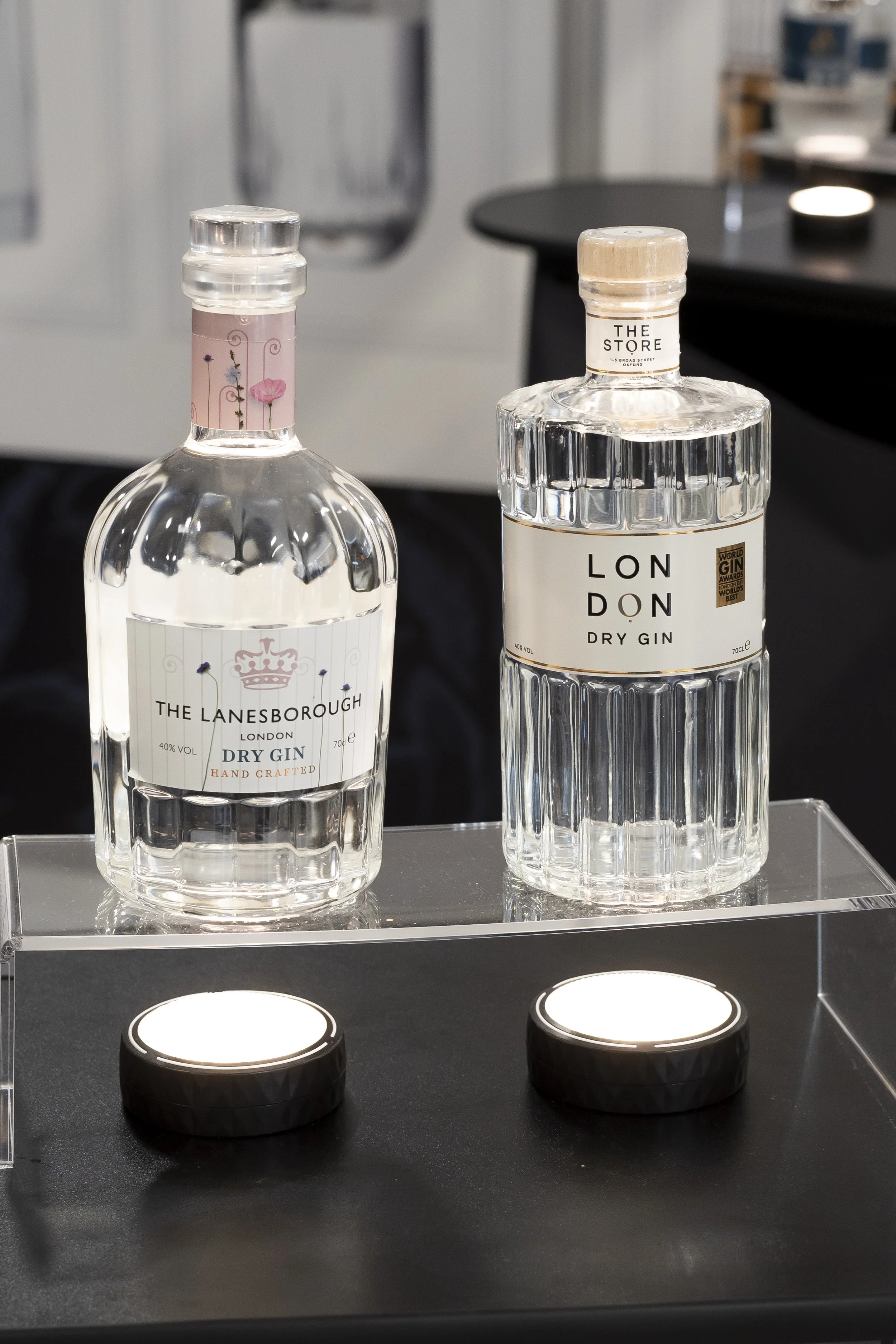 Lanesborough London Dry Gin bottles with tea lights_Hawkridge Distillers Ltd