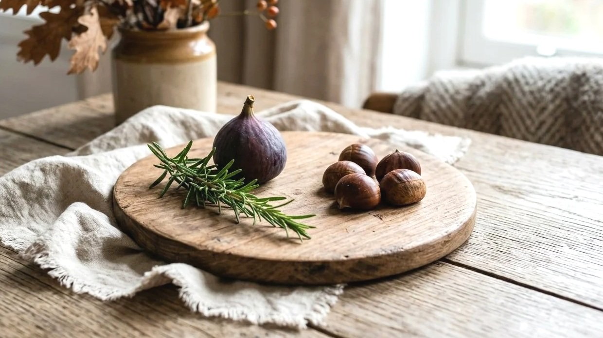 Minimalist autumn food photography prop setup with a wooden board, rosemary sprig, and seasonal ingredients