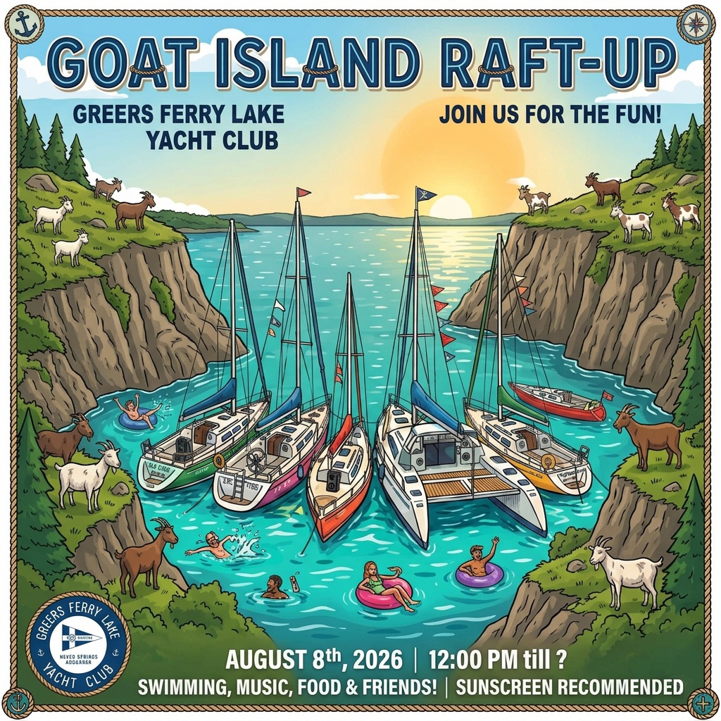 Goats Island raft-up event at Greers Ferry Lake Yacht Club on August 8th, 2026.