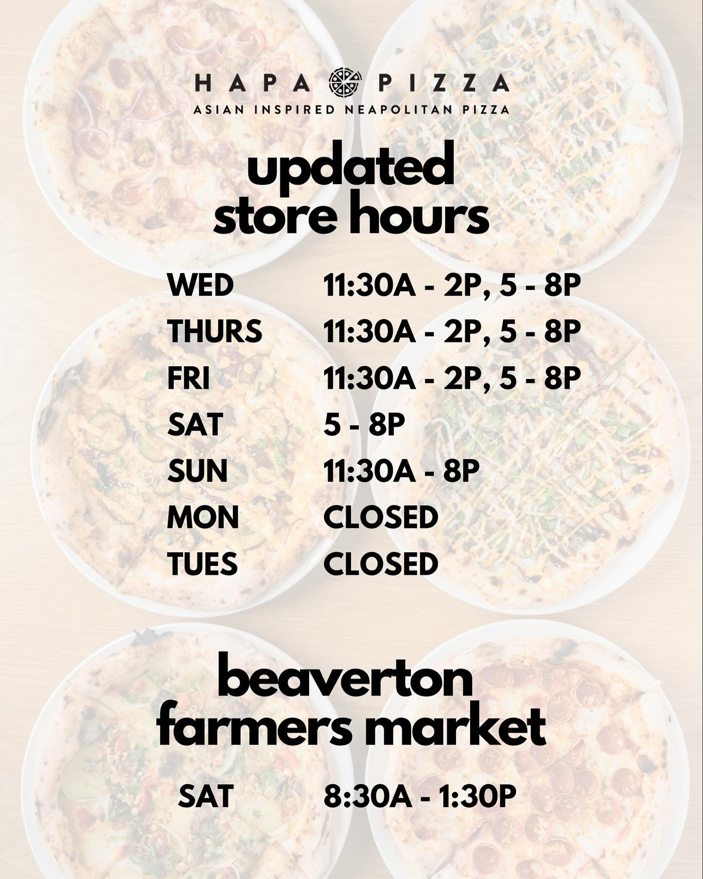 Starting this week, we have a slight change to our store hours &mdash; We will be closed at the shop on Saturdays during lunch, since we will be at @beavertonmarket 8:30am-1:30pm. We will be back open Saturday night for dinner 5-8pm. Thanks for being