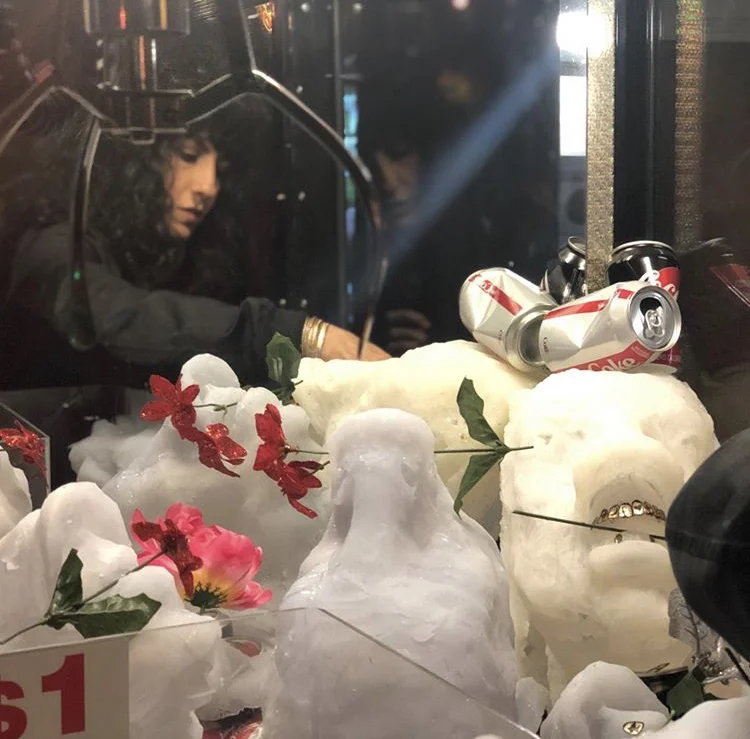 Pooneh Maghazehe’s “1/2off 2for1” was a sculpture installation inside an arcade claw-game… for only $1, these objects could have been yours.