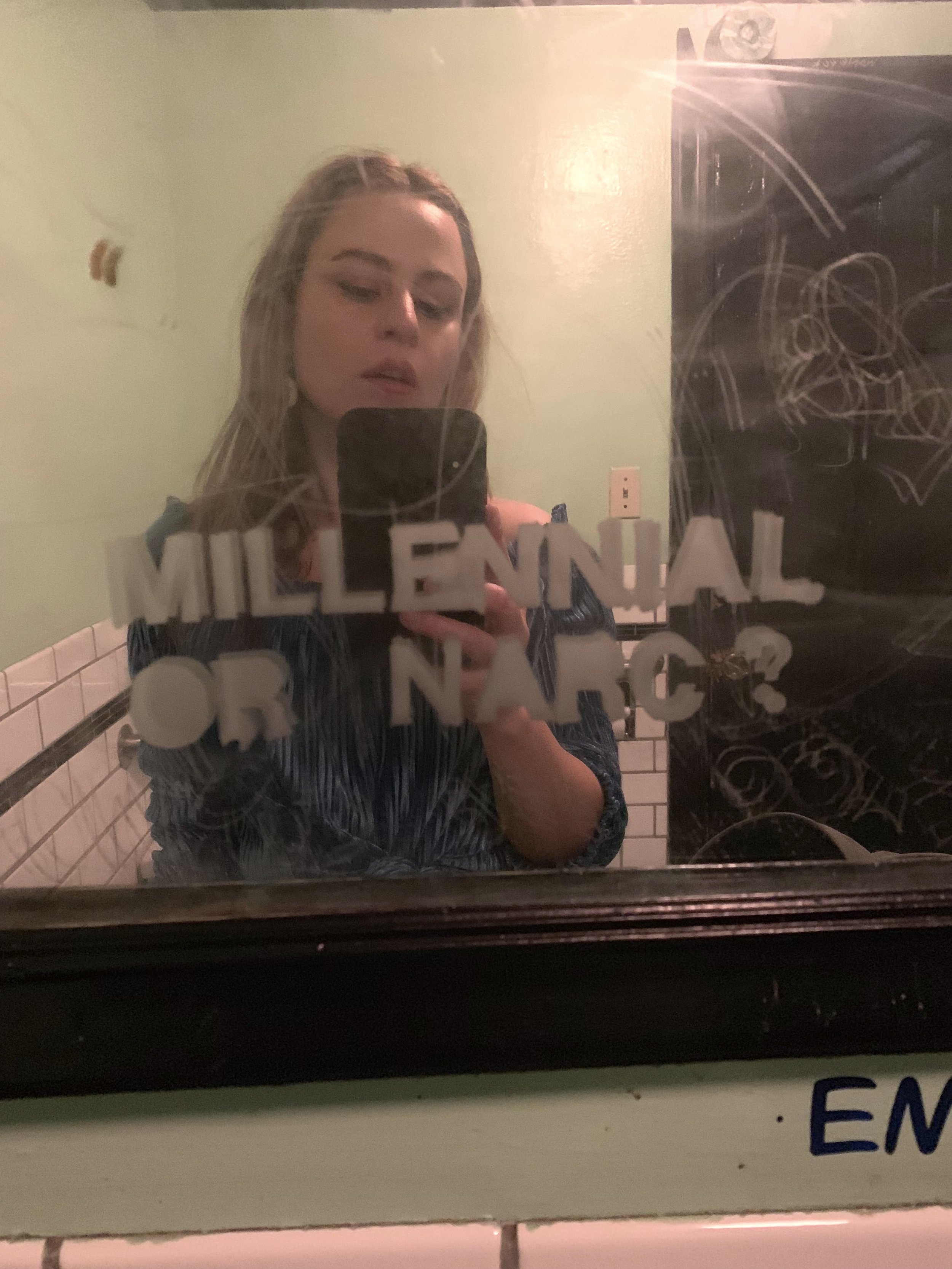  Jessie Stead’s “Mirror Question, vol. 1”—a clandestine installation of original bar-bathroom art—on display inside of Union Pool in Williamsburg. 