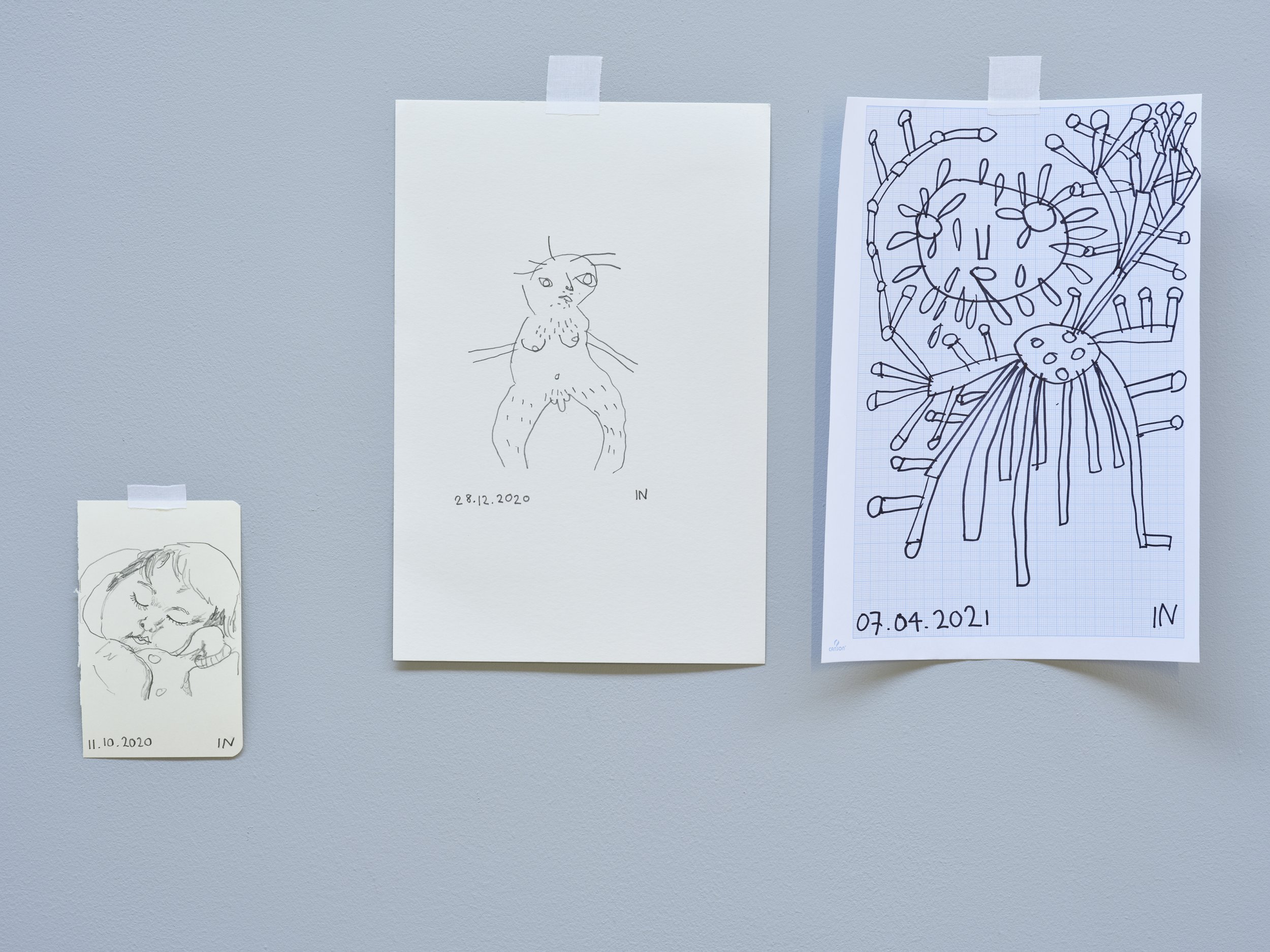  Isobel Neviazsky,  Material is a Friend , 2021, graphite, felt tip, charcoal and pen on paper, installation view. Courtesy: the artists and TULCA Festival of Visual Arts; photograph: Ros Kavanagh 