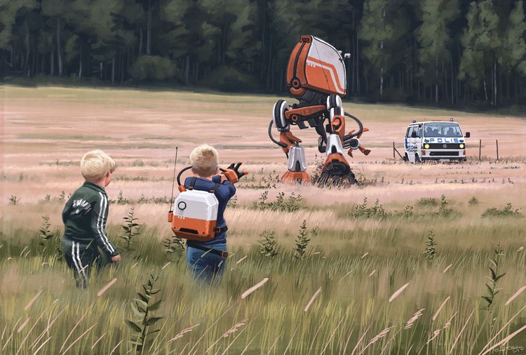 Artwork - Two boys stand away from a robot in a field, one boy has a backpack and a blaster