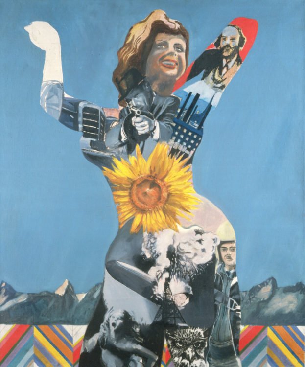 A collage of a woman - made up of historical events with a sunflower for a stomach