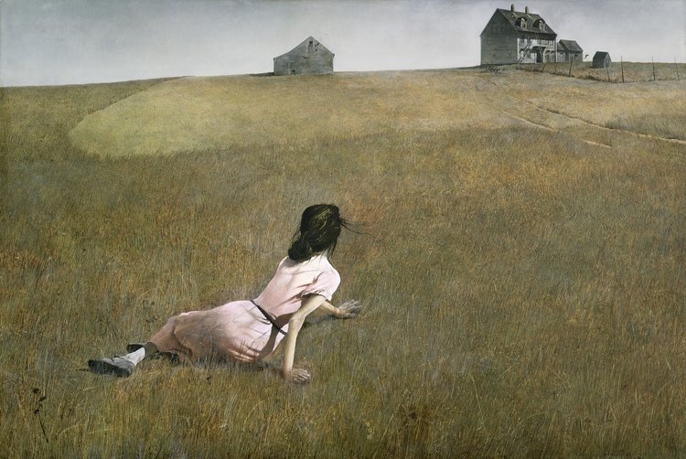 Artwork - A girl lies down in a field, she is turned towards a house in the distance
