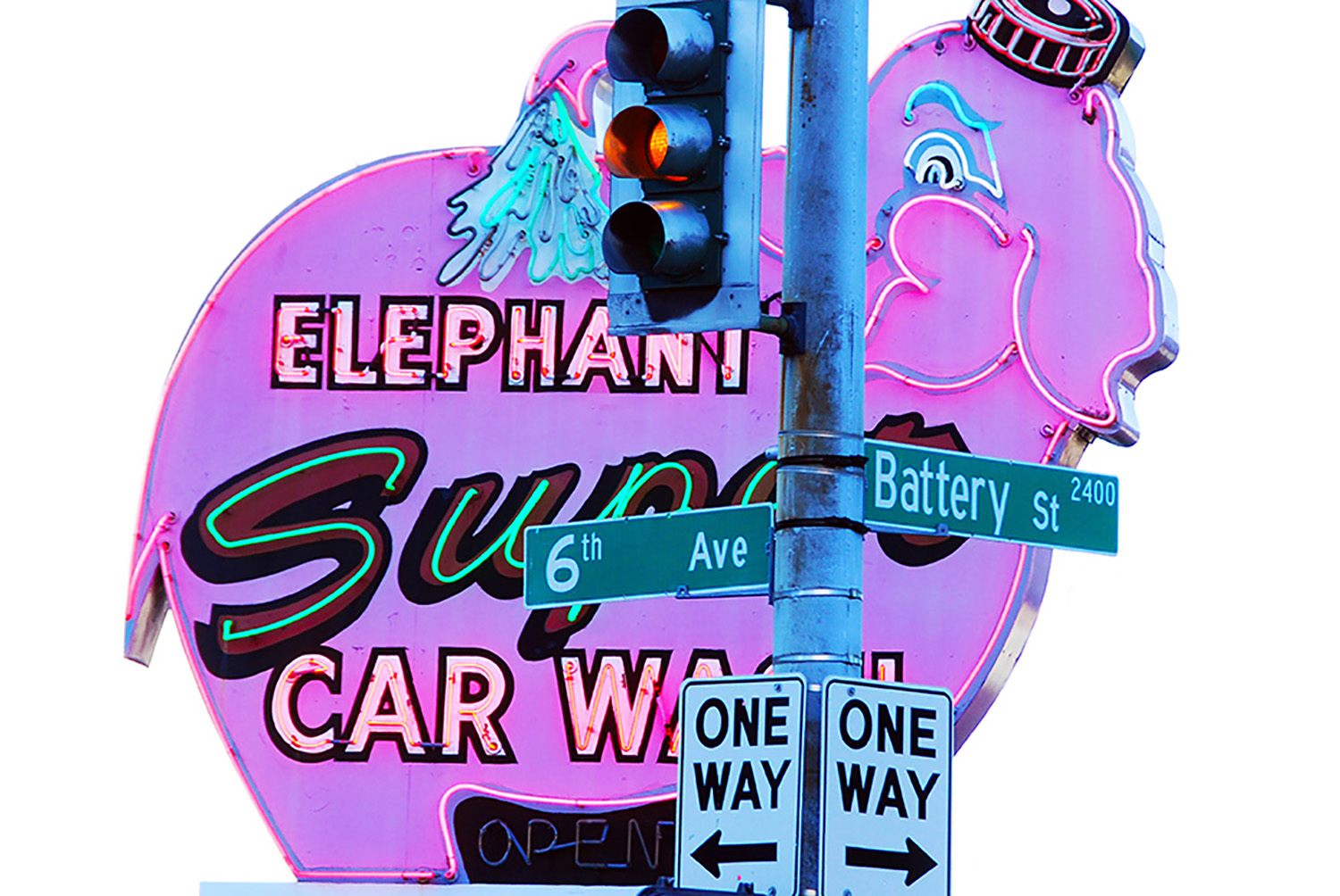 6th_Sixth_Avenue_Battery_Street_Elephant_Carwash_Neon_One_Way_Signs_Traffic_Light_Seattle_Washington.jpg