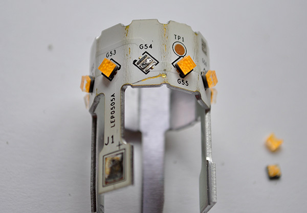 This LED fell off during disassembly. They are not hard to get off but I wonder if this one was loose and could have been the cause/contributing to the issue the bulb was having.