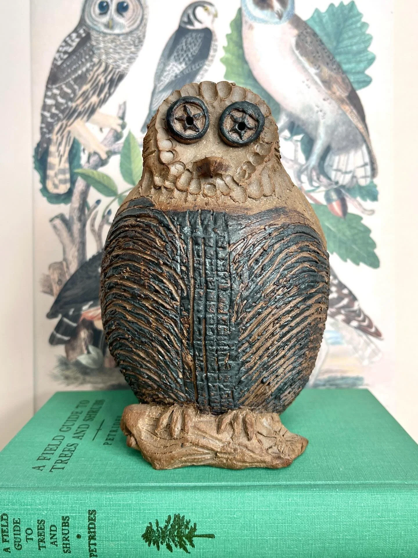 Hand carved rustic pottery owl. Such detailed features! I&rsquo;d rather not ship, available in my local booth only. Owls print available in my online shop. Link in bio.