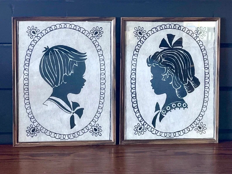 Antique Hand Drawn Child Silhouette Pair Ink on Felt