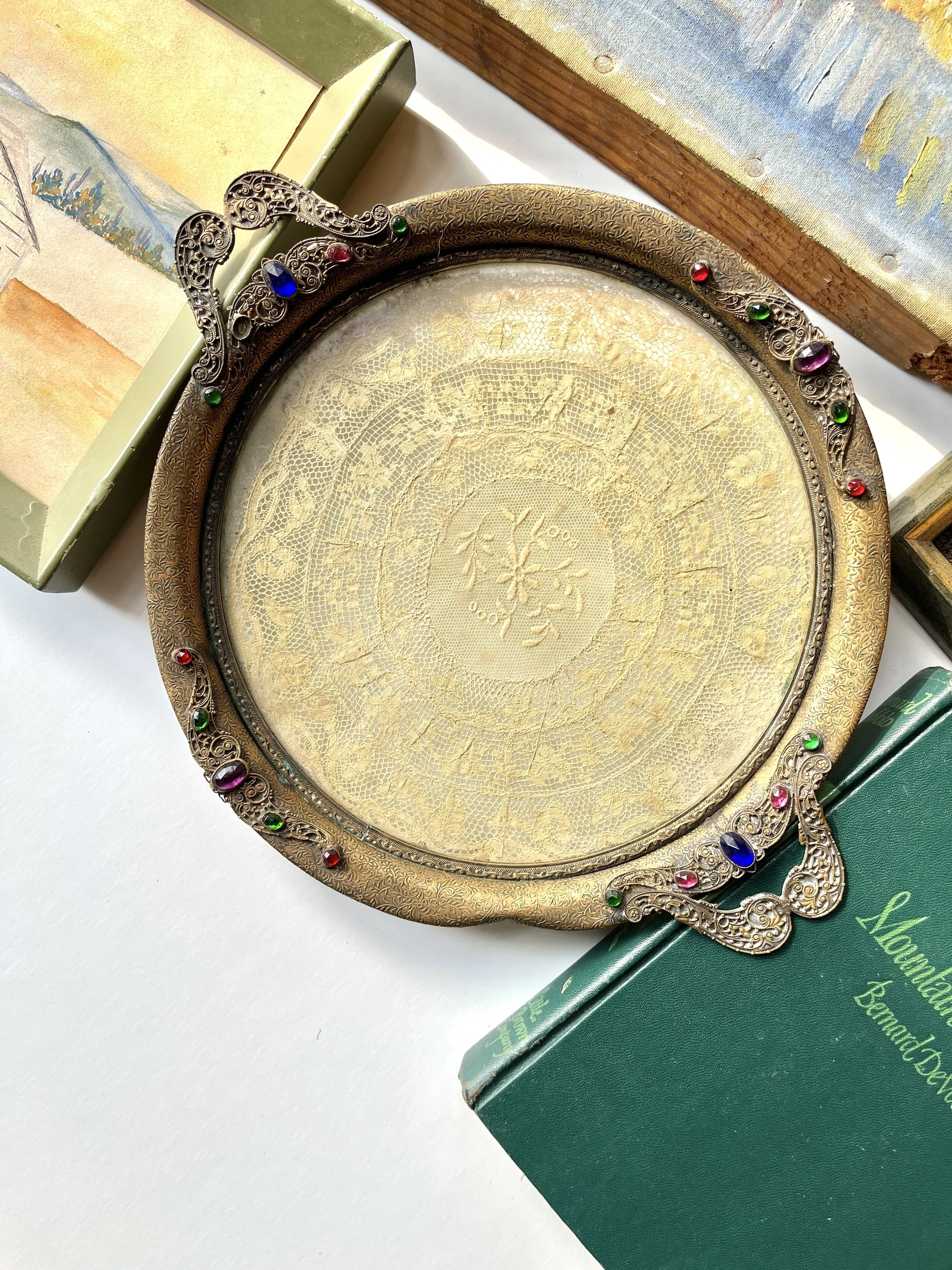 Antique Brass and Lace Vanity Tray