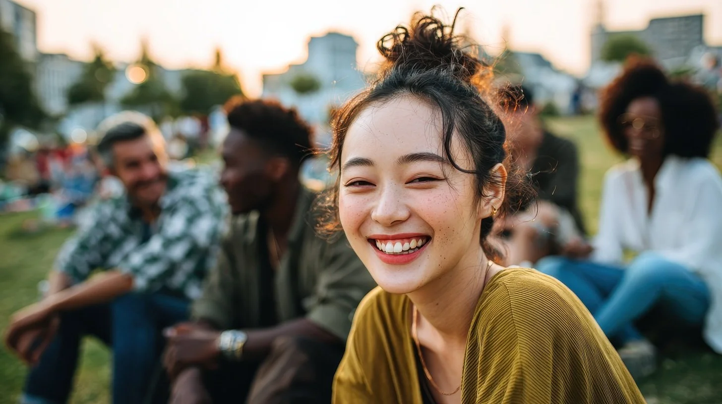 A young woman with curly dark hair, wearing a yellow shirt, smiling and squinting at the camera, sitting outdoors on grass at sunset surrounded by friends.