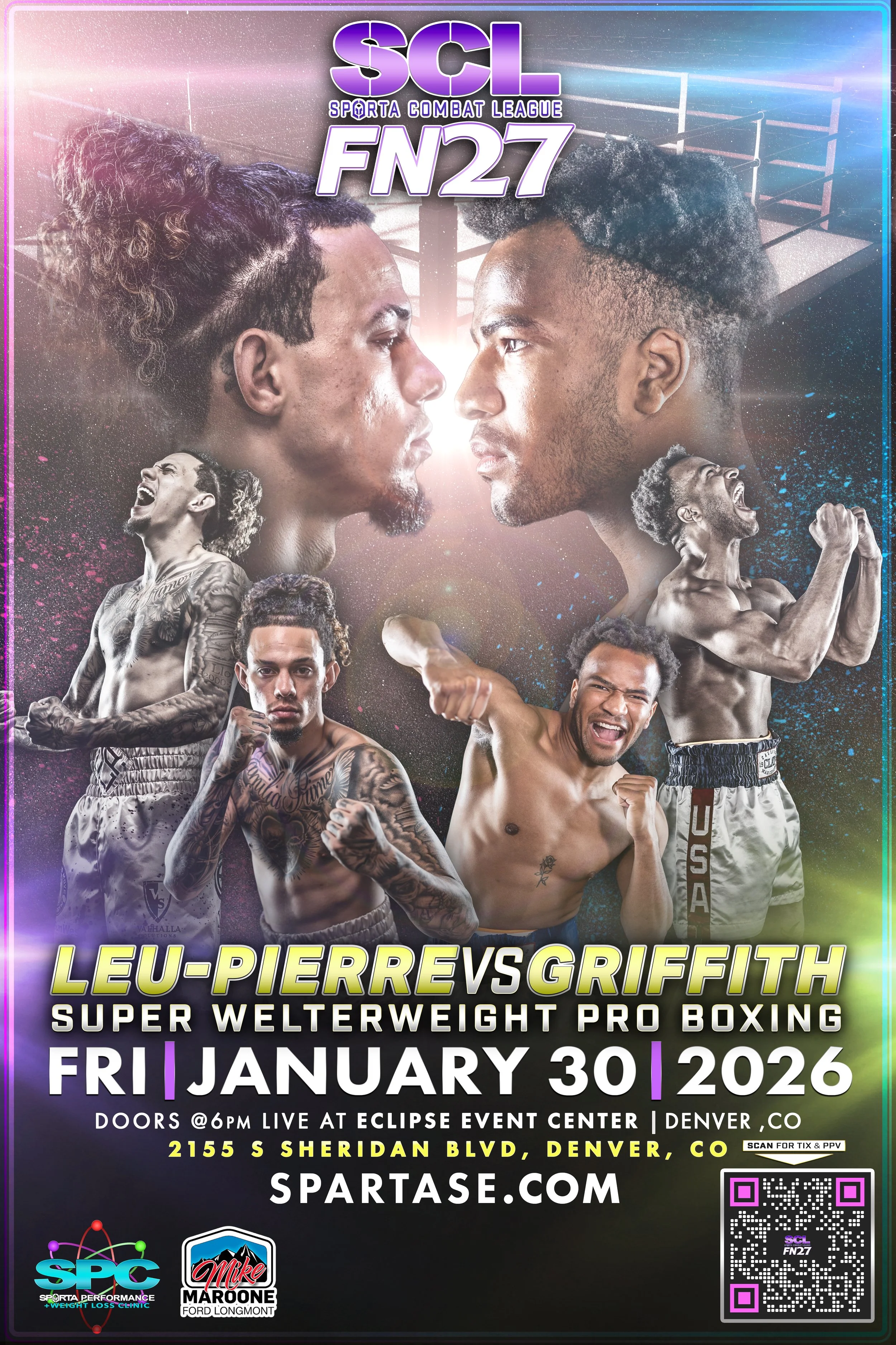 Event poster for SPORTA107, a combat sports event featuring bare knuckle fighting, MMA, boxing, Muay Thai, and kickboxing, scheduled for Saturday, November 1, 2025, at Blue Arena in Loveland, Colorado.