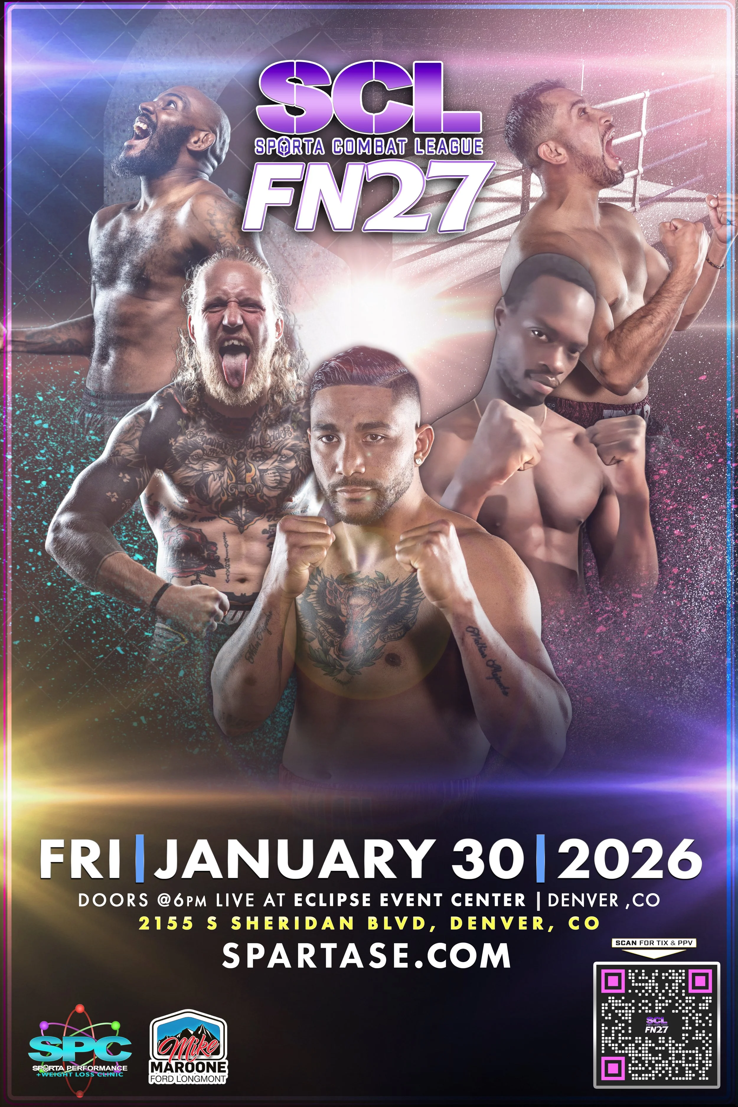 Event poster for SPORTA107, a combat sports event featuring bare knuckle fighting, MMA, boxing, Muay Thai, and kickboxing, scheduled for Saturday, November 1, 2025, at Blue Arena in Loveland, Colorado.