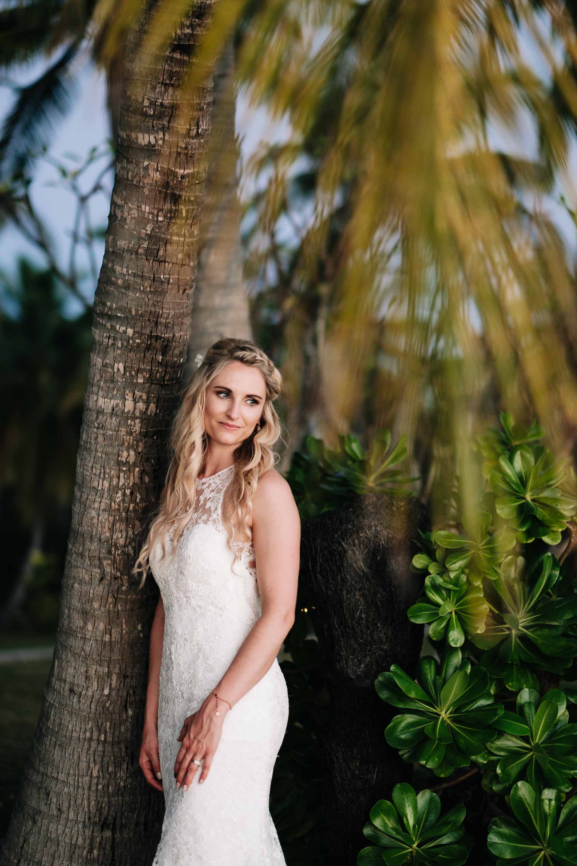 the bride looking elegant under a coconut tree