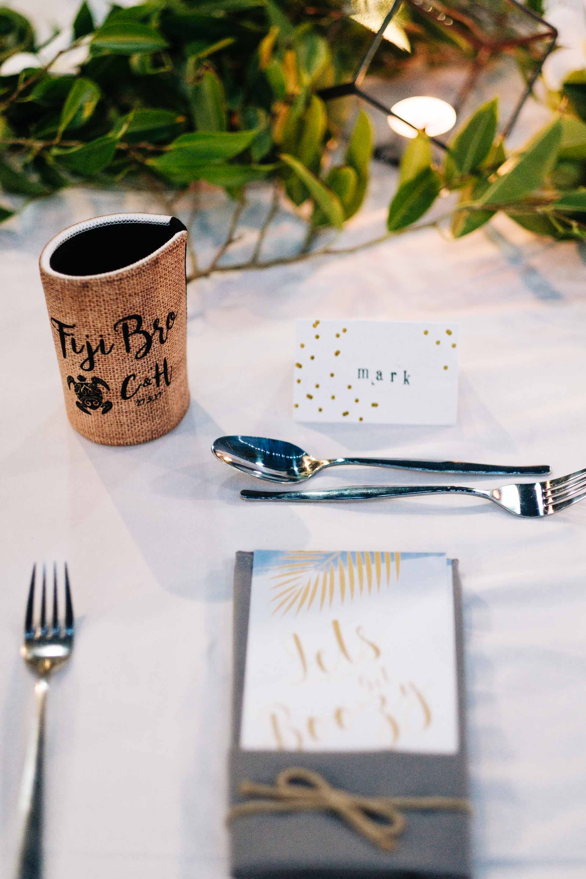 wedding reception setup with custom beer holder as a wedding favo