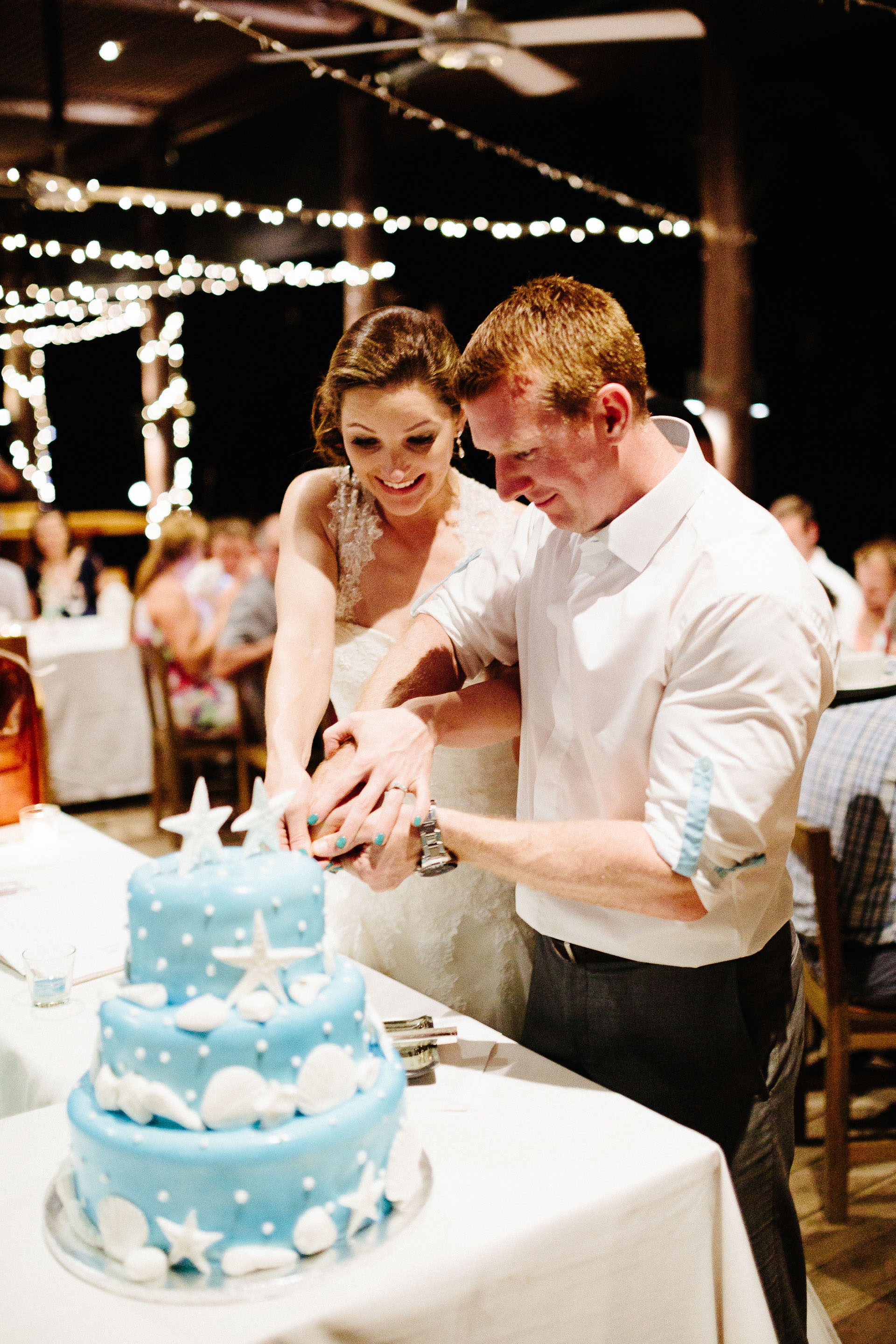 Bride and groom cutting the wedding cake