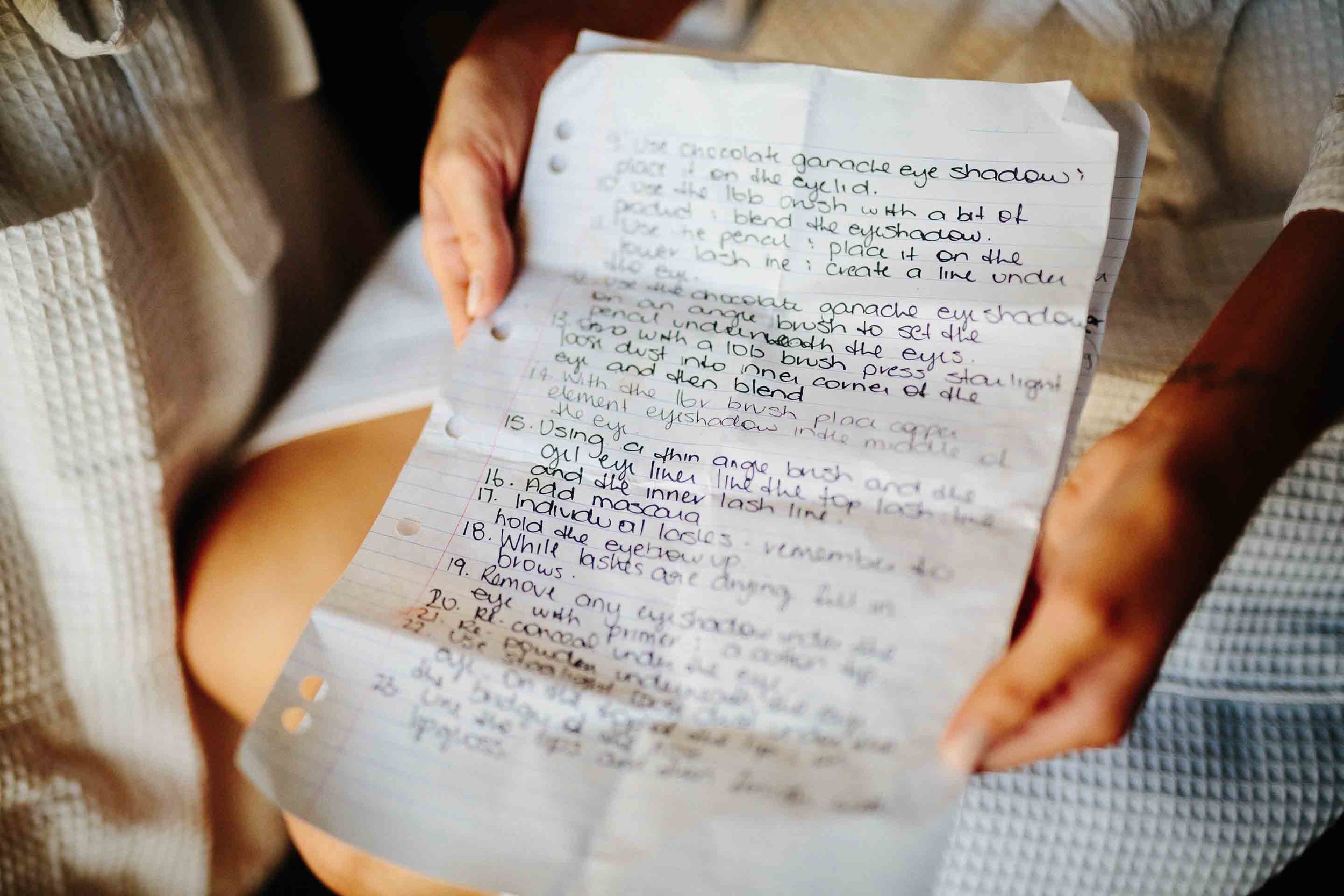 The bride's makeup instructions for her wedding