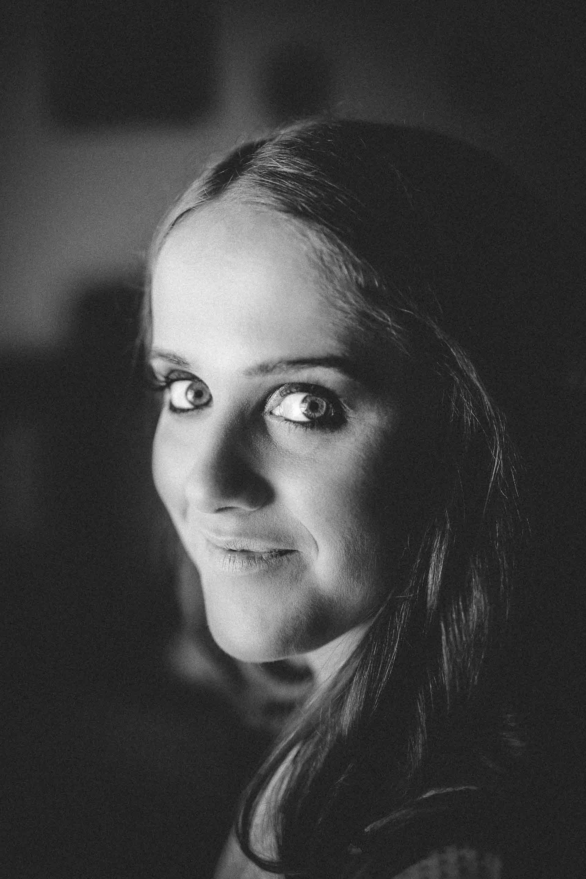 a close black and white portait of the bride