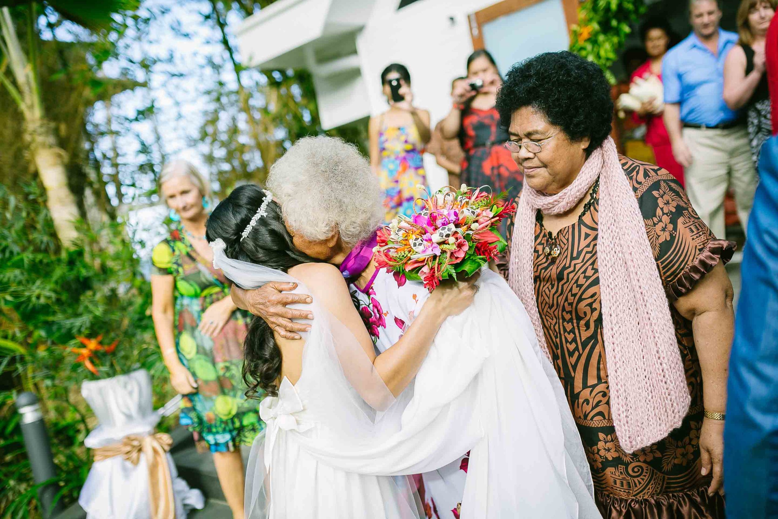 bride and grandmother hugging after the wedding