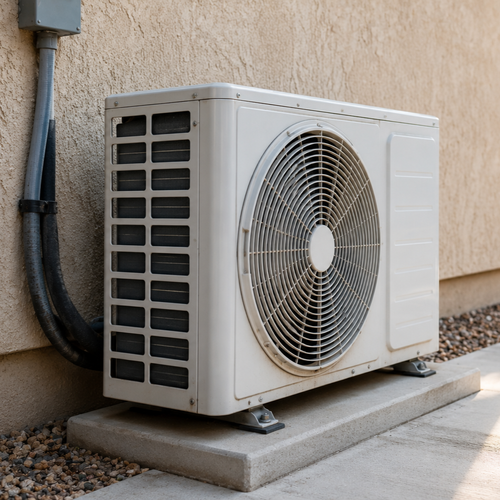 white air conditioner unit on hot pavement outside home