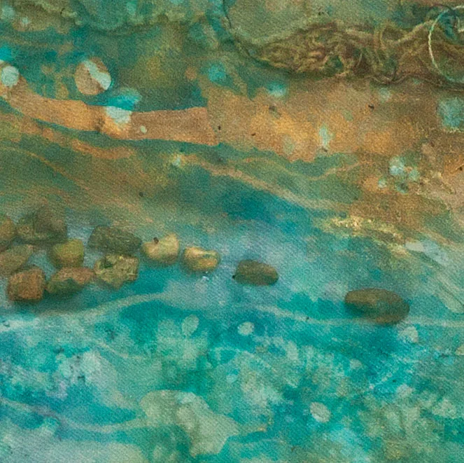 Water Moves 2, 10”x10” mixed media fiber art. Layers of paint and fabric expressing the motion of matter in water.