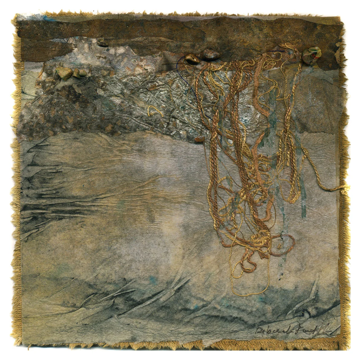 Soil Sample, 10”x10” mixed media fiber art. Living soil is part of a system of biology and geology I express in layers of mixed media.