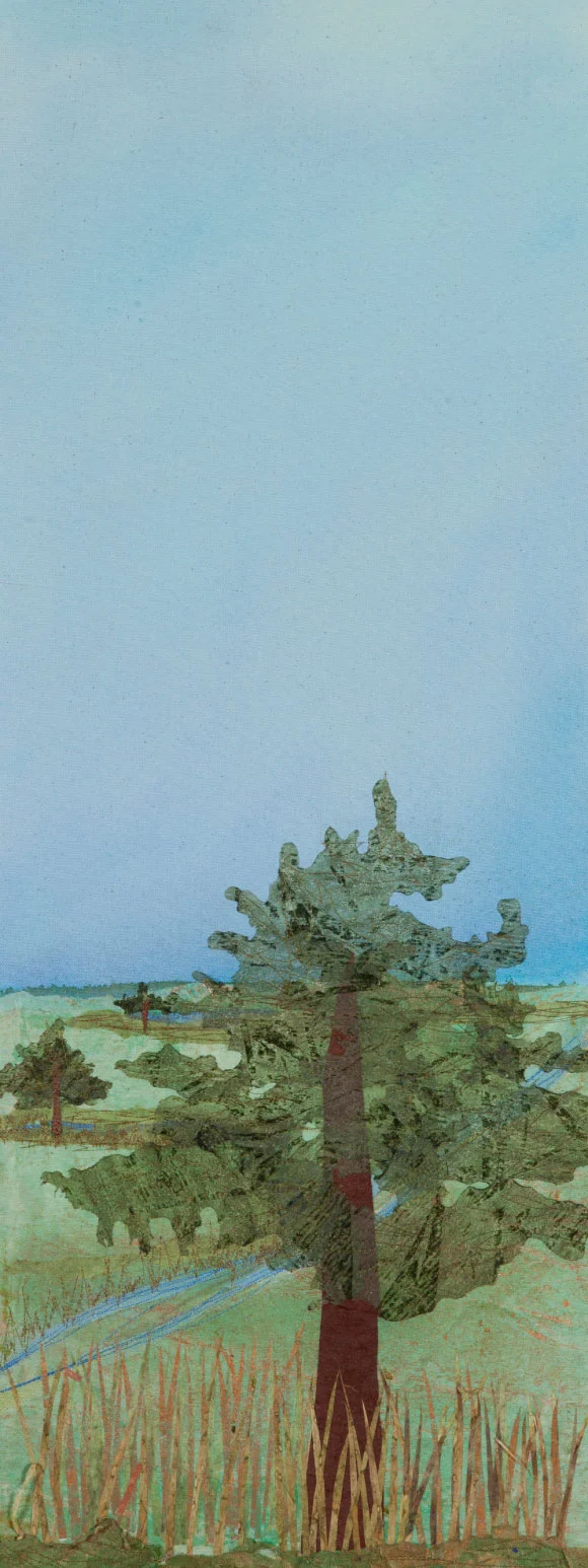 Burr Oak Prairie, 23”x12” mixed media fiber art original artwork. The trees followed the water paths in grasslands that were tall and shortgrass prairie.