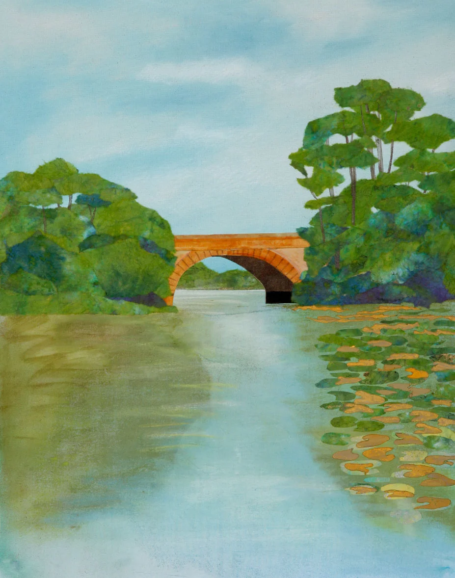 Lake of the Isles, 24”x20” mixed media fiber art. Minneapolis committed to keeping natural beauty as parks as it grew.