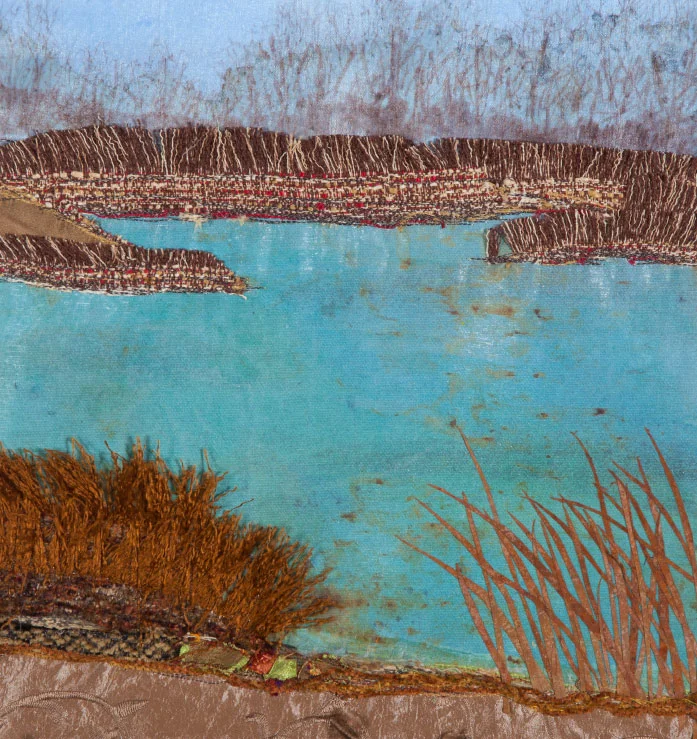 Sandplain Wetlands, 12”x24”mixed media fiber art. Carlos Avery Wildlife refuge is a place dedicated to study and conservation of wetland ecology.