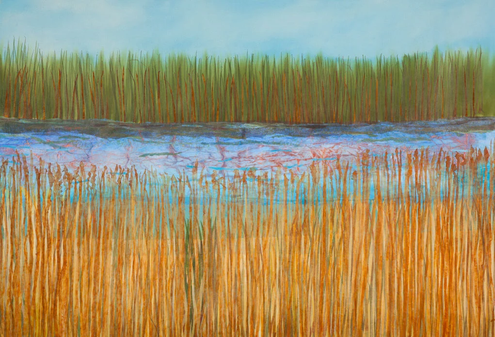 Wetland, 34”x60” mixed media fiber art. Wetlands are important because they protect and improve water quality,