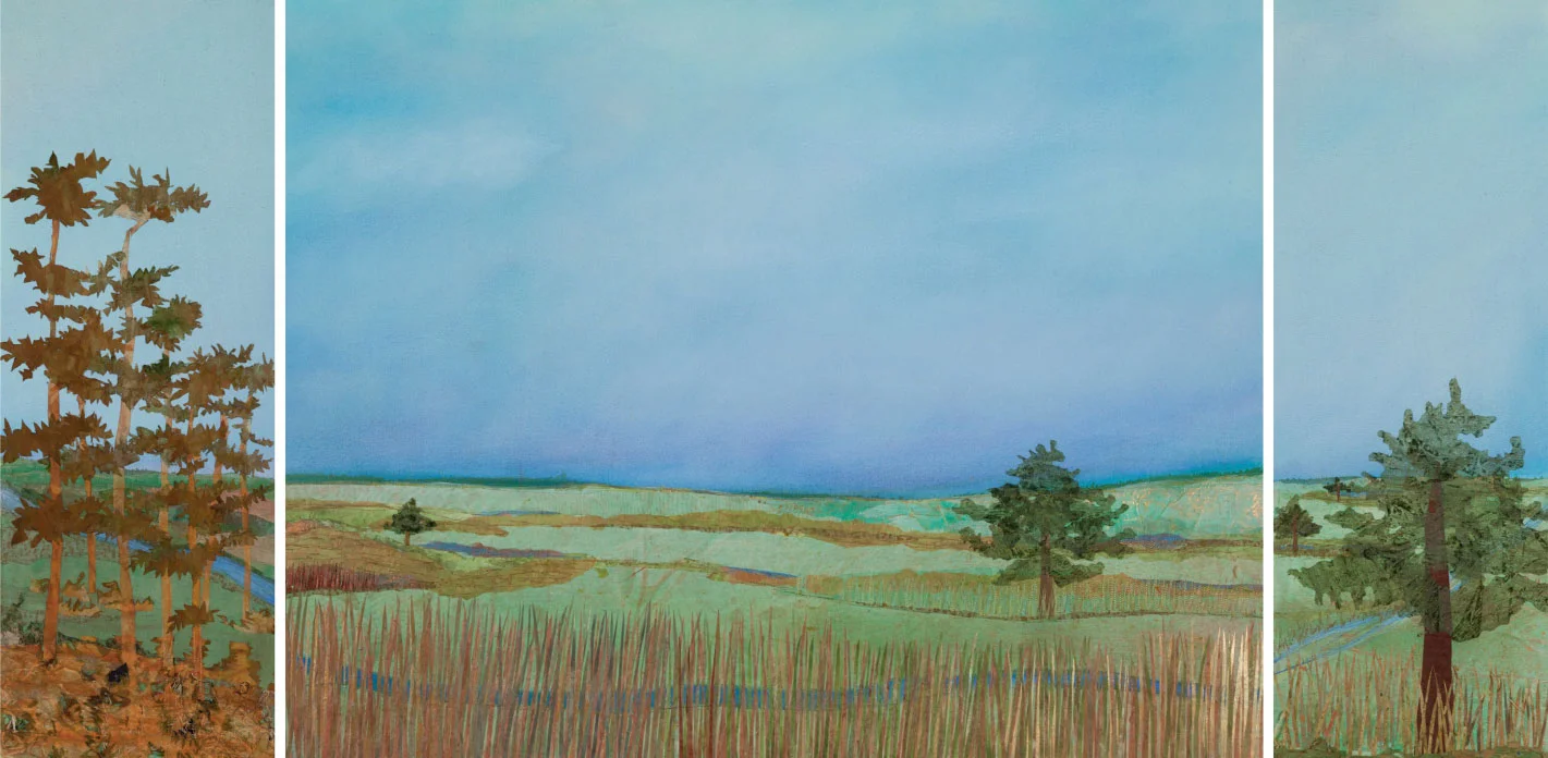 The Before Triptych, 24”x60” mixed media fiber art. Minnesota before European settlement of the forests and prairies.
