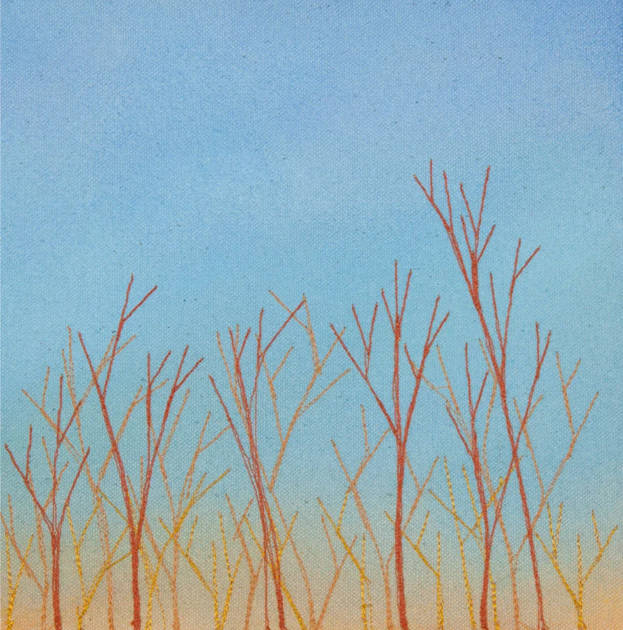 Gold Hour Branches, 10”x10” mixed media fiber art. At four o’clock in early winter the light gilds the branches.