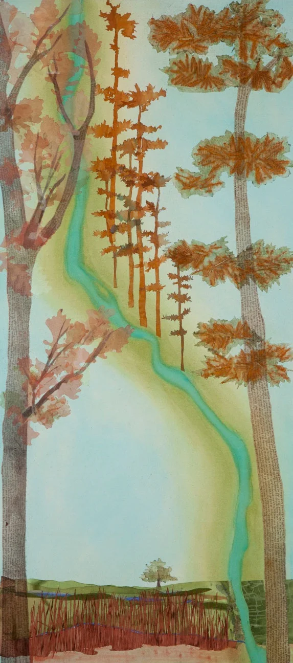 River Before City, 47”x20” mixed media fiber art . Minneapolis has a history of ecologic change.