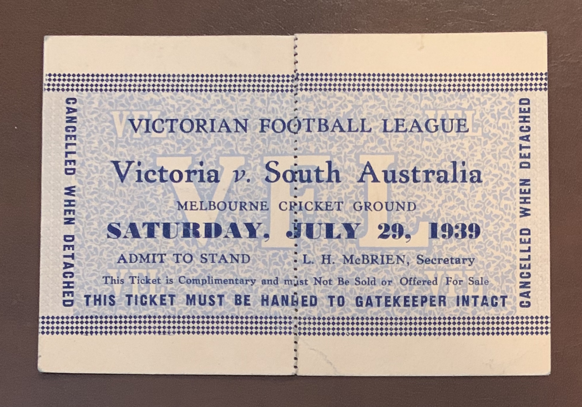 1939 Victoria v South Australia Ticket