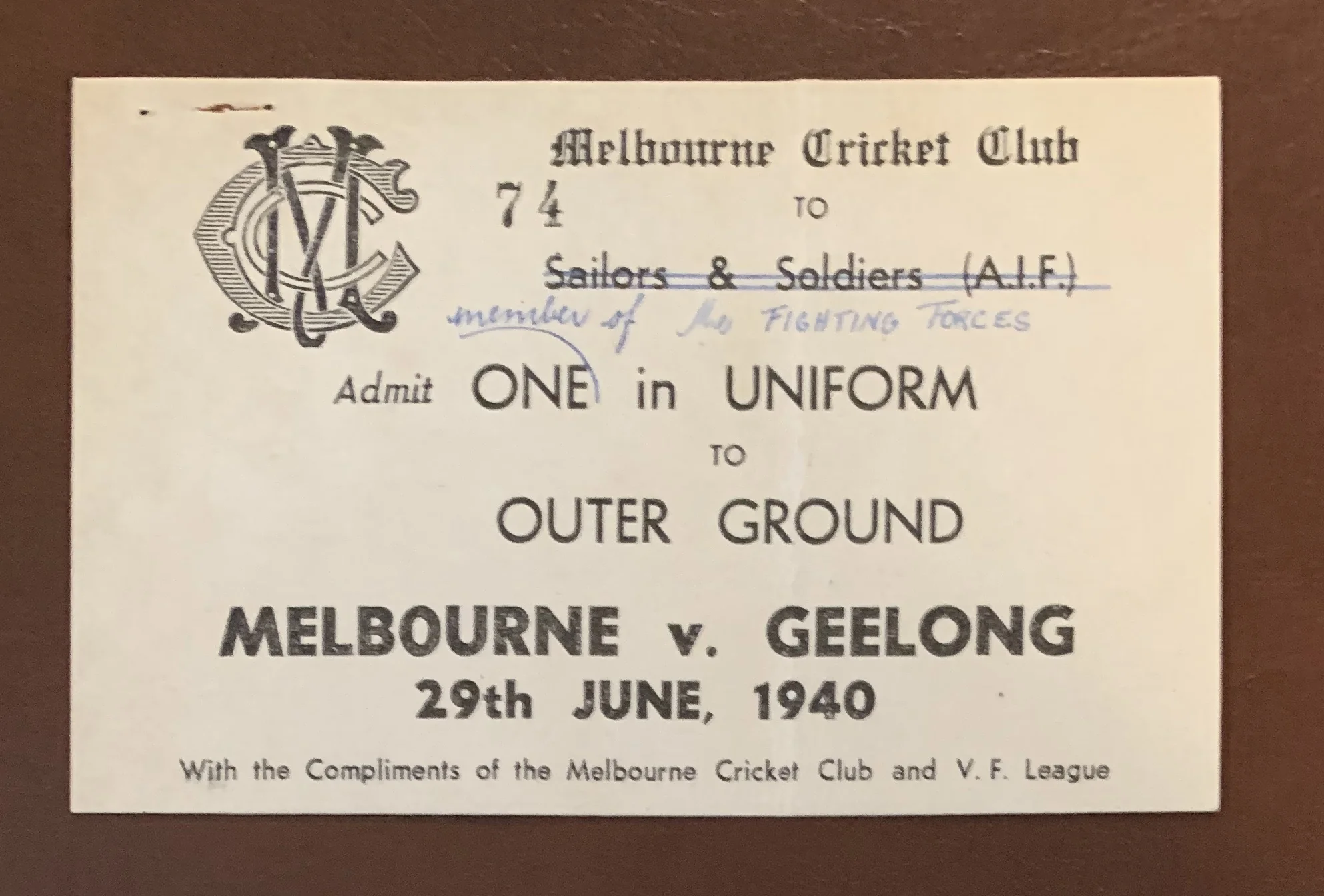1940 Melbourne v Geelong Ticket