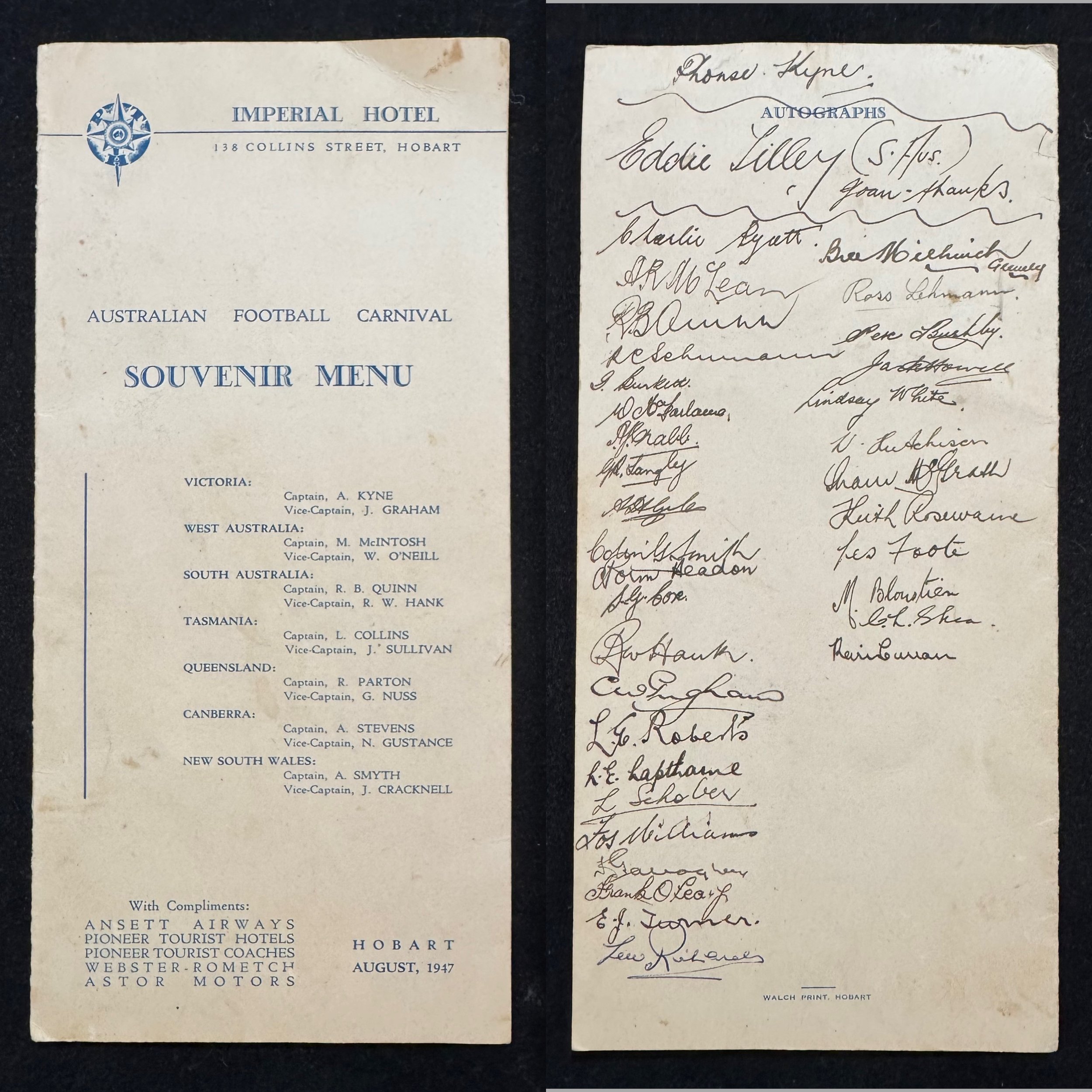 1947 ANFC Carnival autographed menu