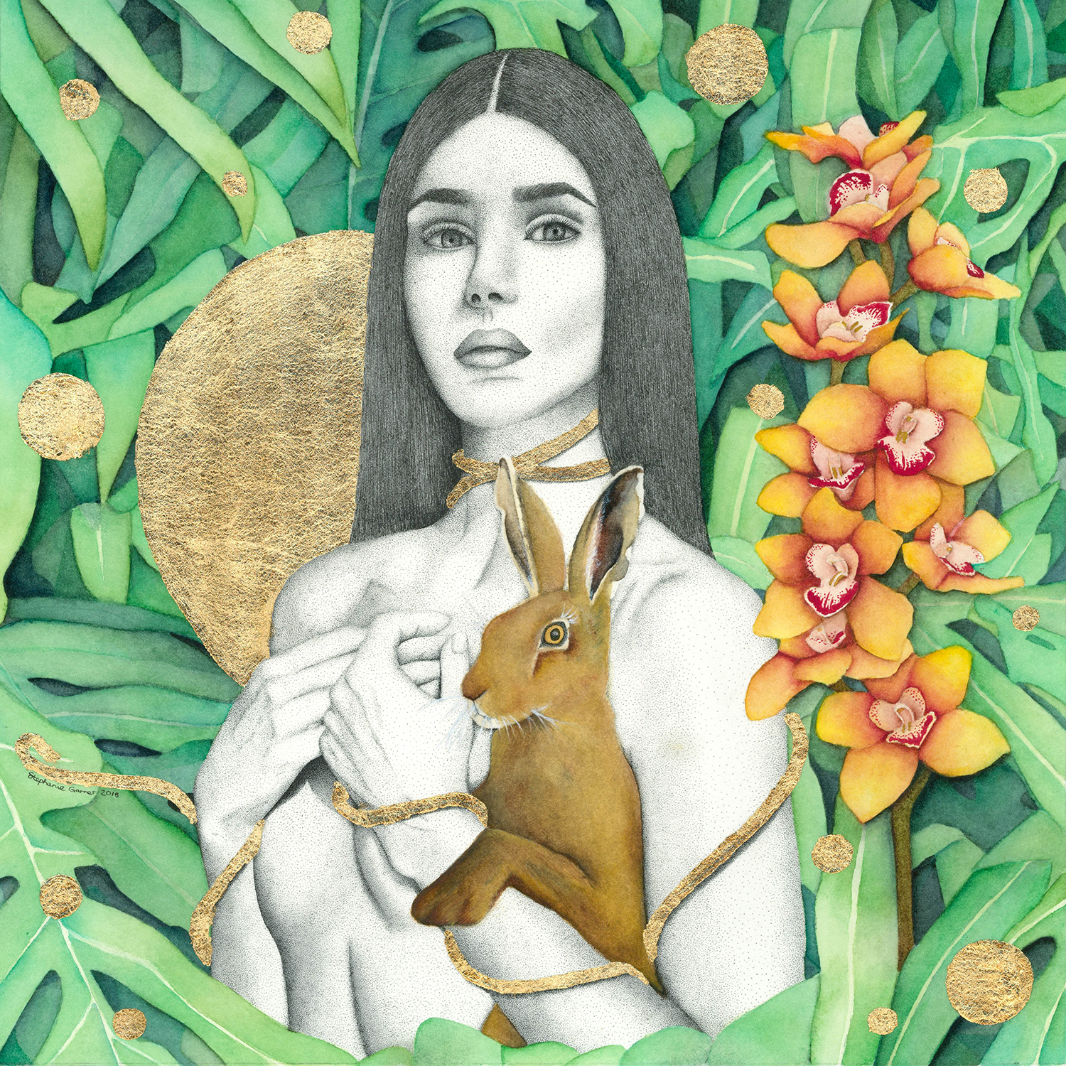'Deep Inside Her Wild Dreams', ink, watercolour and gold leaf on paper, 30x30cm SOLD