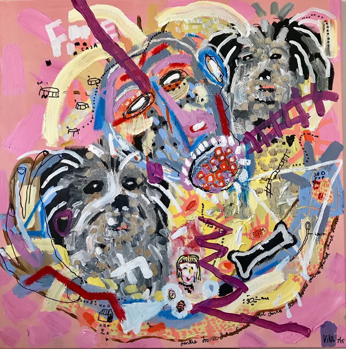 Dog Fever, 2019, acrylic on linen, oil pastel, chalk pastel, ink, 71x71cm.