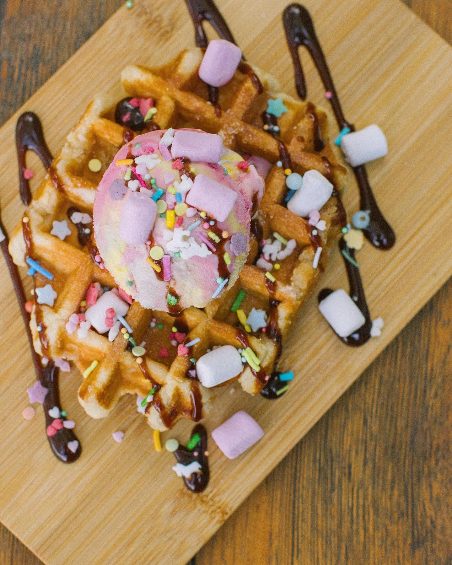 SCHOOL HOLIDAY SPECIAL!! Introducing our brand new UNICORN WAFFLE! 🦄😱 A Belgian waffle topped with a scoop of rainbow ice cream, choc sauce, mini mellows &amp; unicorn sprinkles!! ✨😻 Only available during the school holidays! 💜💕 #unicornsprinkle