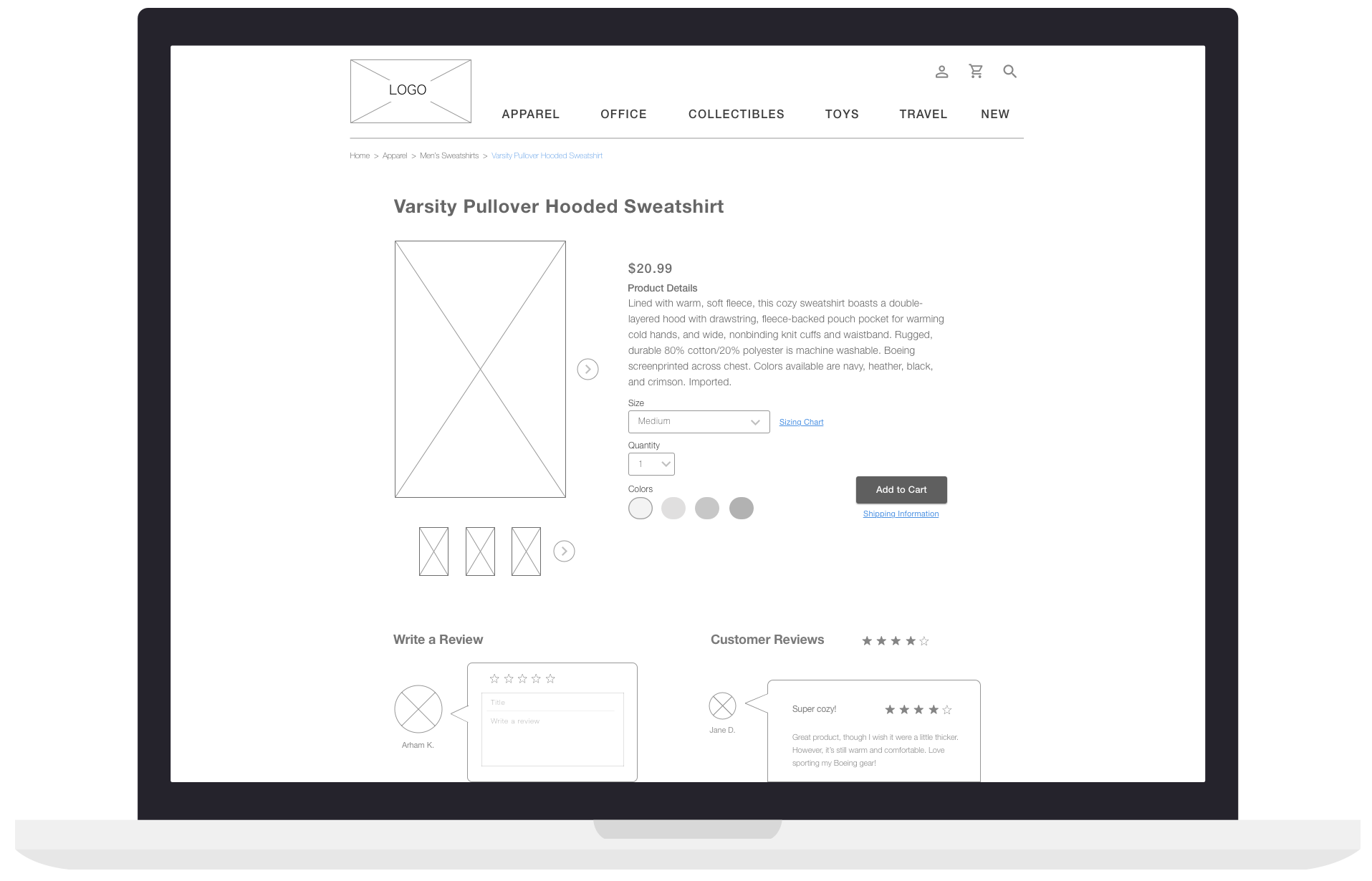 A product description is important to my users, so it’s displayed here alongside a large photo, with multiple pictures to view—another desire from the users. With reviews at the bottom, our users will find all the info they need about a product on this page.